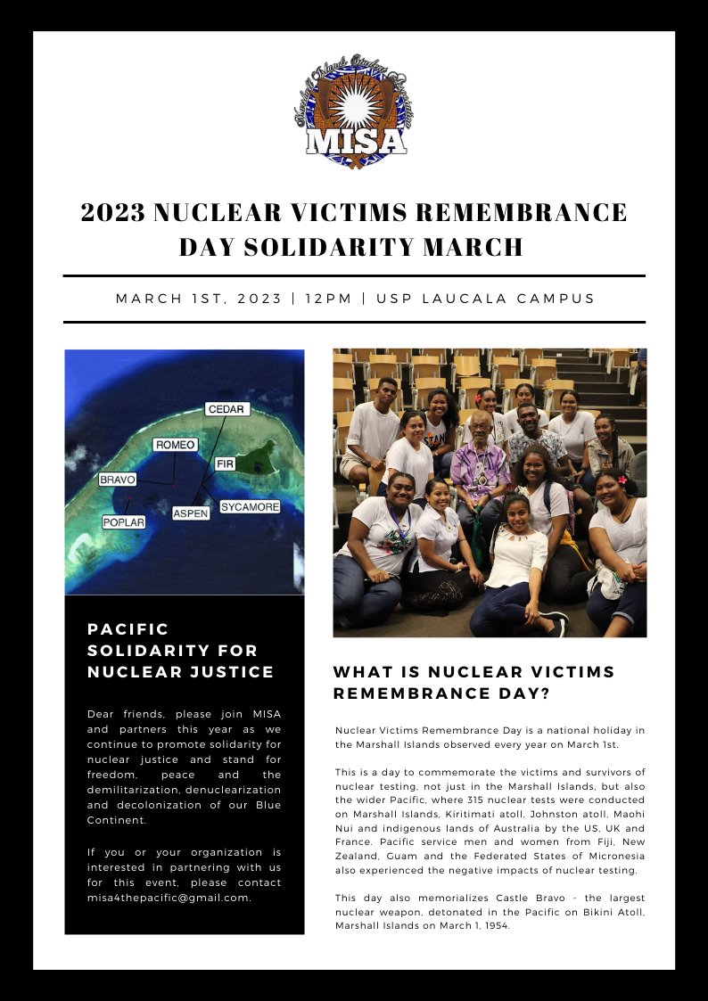 YoungsolwaraP's tweet photo. In commemoration of the Marshall Islands Remembrance Day, we remember survivors and victims of nuclear testing throughout the #Pacific. Join @misa4thepacific and partners this 1st of March, 2023.
#NewClearWays #NuclearJustice #YoungsolwaraPacific https://t.co/nmPXjjatdH