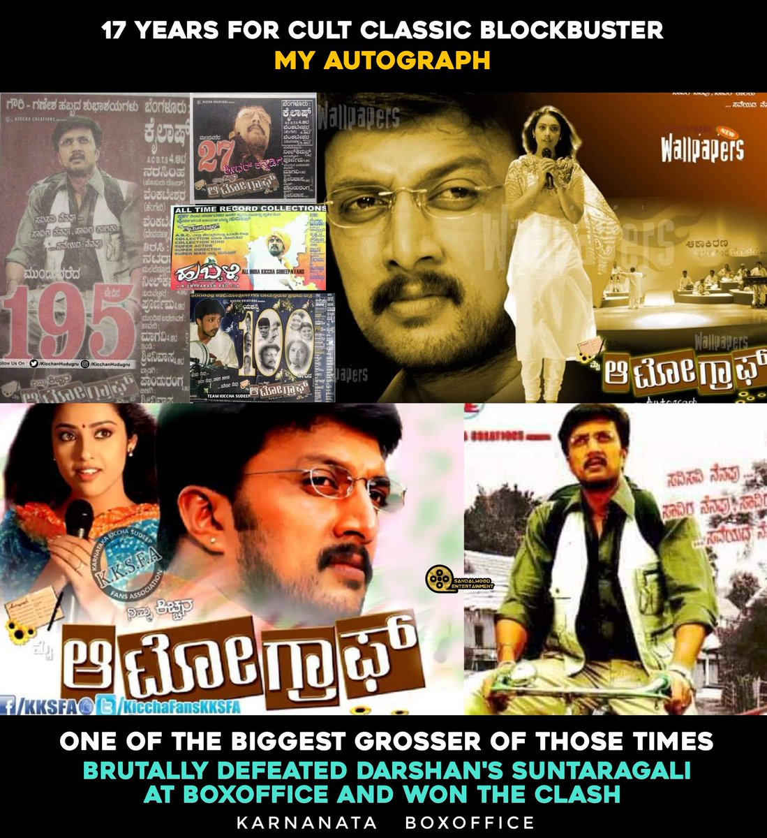 MyKichcha962's tweet photo. @KicchaSudeep #MyAutograph turns 17years today.
One of the biggest hits of KFI n won against the clash in huge margin with

Ruled all A,B and C centers like king

Only @KicchaSudeep Boss can create storm like this with class movie💥
 #17YearsOfMyAutograph #Kiccha46 https://t.co/NVM422Xv7Z