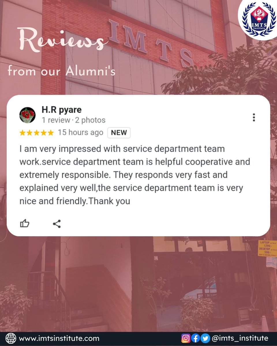 IMTSINSTITUTE's tweet photo. Review from our bone of Alumni on Google,
Website link in bio-
#Testimonial #Review #Feedback #Servicefeedback #Googlereview #IMTSreview #IMTSInstitute #IMTSNoida #onlineLearningplatform #DistanceEducation #Educationalplatform https://t.co/rs5UD3VJsw