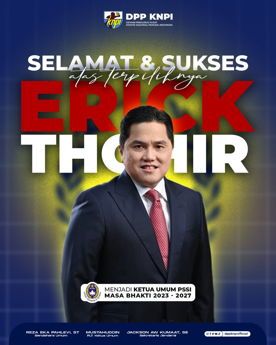 dppknpiofficial's tweet photo. Selamat dan Sukses
Atas Terpilihnya
Erick Tohir sebagai Ketua Umum PPSI Masa Bhakti 2023-2027
Semoga bisa membawa Persepak Bolaan Indonesia menjadi Lebih Baik
@PSSI
@erickthohir
@mustahuddin_2023
@jacksonkumaat
#KNPI
#PSSI
#ErickThohir
#KNPIBersatu
#DPPKNPI
#Pemuda https://t.co/wLB0nxZH1D