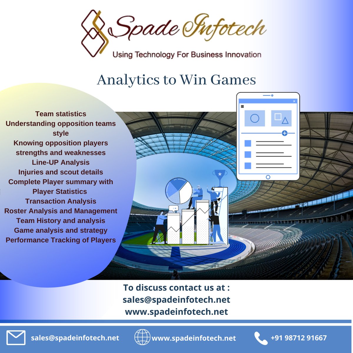 Connect with Spade Infotech to see Analytics in Action. Use Sports Analytics to be the Champions. Evaluate all aspects of the game to create holistic metrics for players and teams for a winning strategy. We can help you get live game statistics. #analytics #sportsanalytics