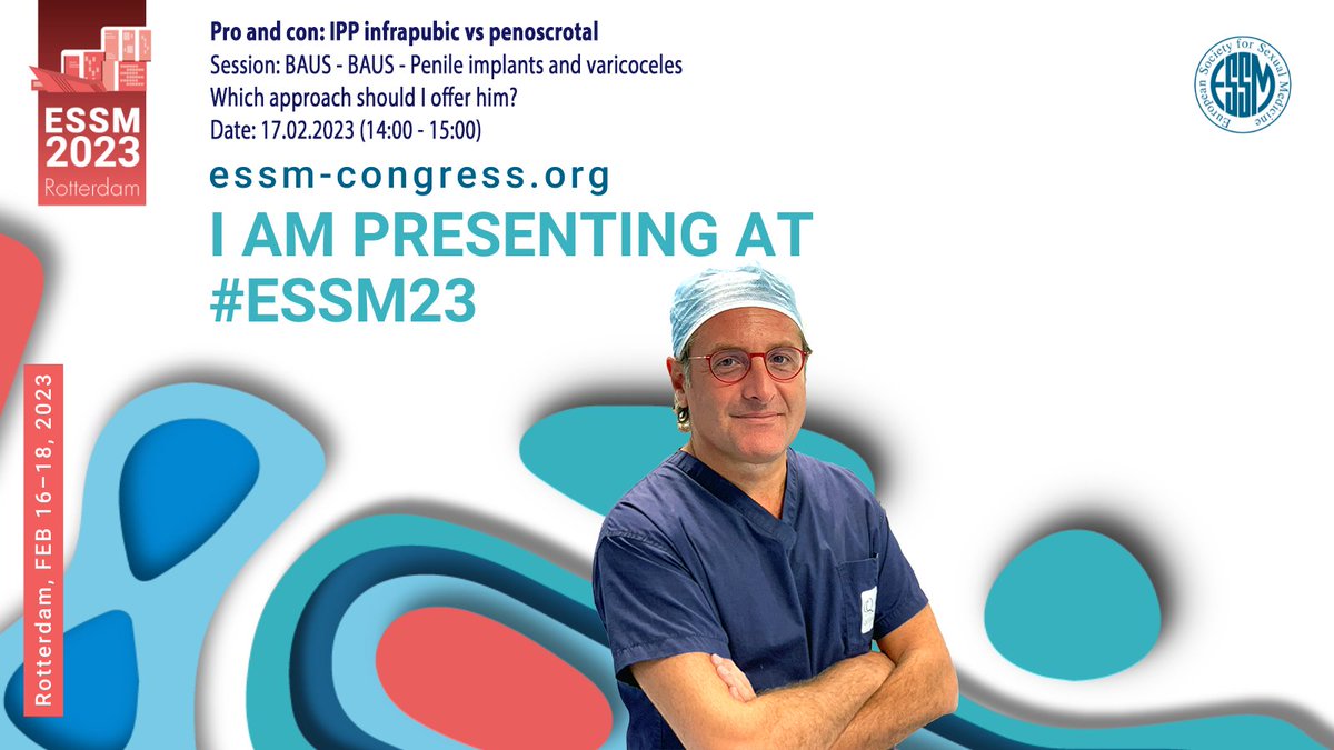antoniniurology's tweet photo. Pro and con: IPP infrapubic vs penoscrotal
Session: BAUS - BAUS - Penile implants and varicoceles - Which approach should I offer him?
Date: 17.02.2023 (14:00 - 15:00) #ESSM23 #antoniniurology #scuolaitalianaimplantologia #urology #erectiledeficit #penileprosthesis #penissurgery https://t.co/t0FSuuHTuQ
