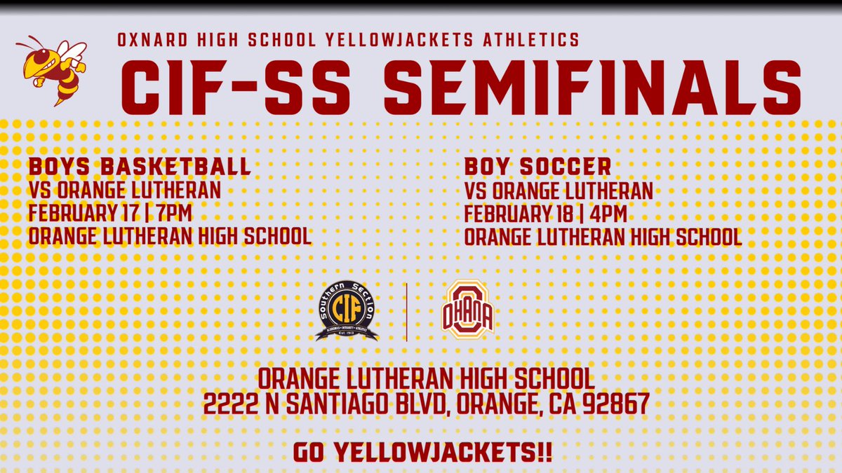 This weekend 🆚 Orange Lutheran @OLu_Athletics @CIFSS Semifinals 🏀 2.17.23 7PM Oxnard @OxnardBBall 🆚 Orange Lutheran @OLuBBB ⚽️ 2.18.23 4PM Oxnard @jacketsBsoccer 🆚 Orange Lutheran @OLuBoysSoccer @RichardUrias @vcspreps @latsondheimer @pollonpreps @ohs_jackets