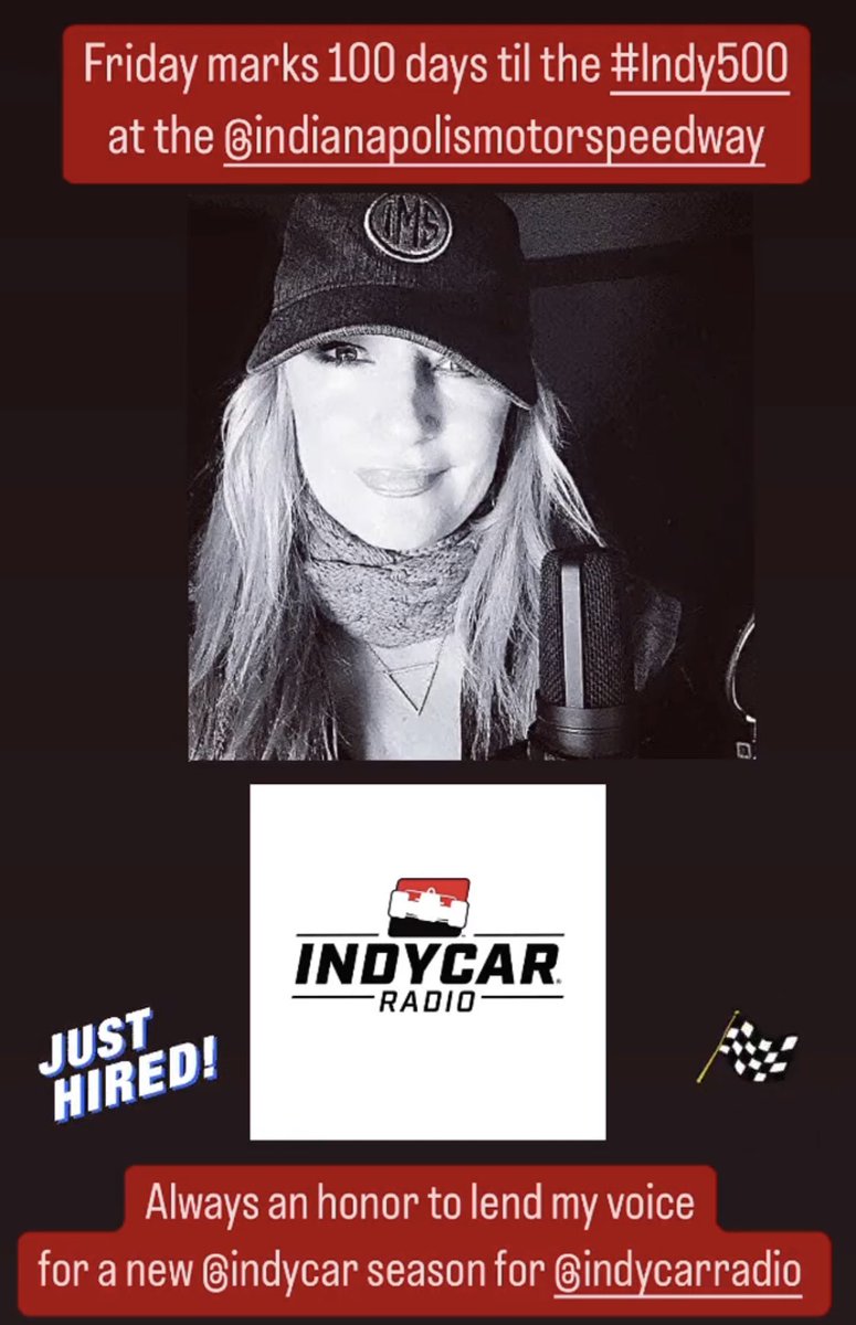 RealLauraSteele's tweet photo. Always filled with gratitude to be asked to play a part (even if small) in @IndyCarRadio 🎙️ coverage for @IndyCar races. Thanks to the IMS Radio Network for inviting me back for the 2023 season! Today marks 100 days til the 107th running of the #Indy500 @IMS 🏁 Lets go race fans! https://t.co/tnWYcJeJEN