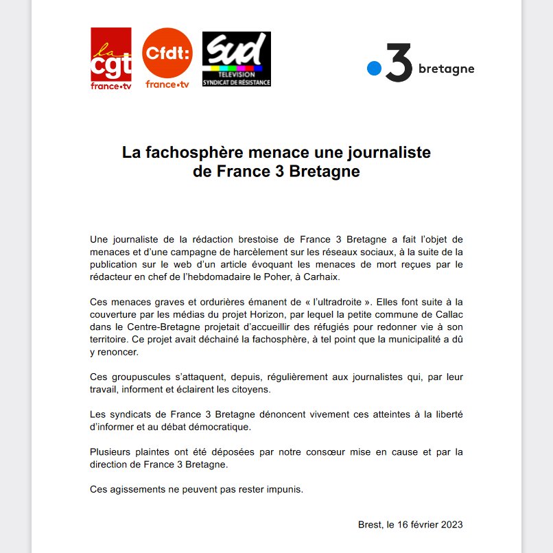 SylvainErnault's tweet photo. Une journaliste fait l'objet d'une campagne de harcèlement depuis qu'elle a écrit sur les menaces de mort visant Le Poher et son rédac' chef, ciblés par l'extrême droite. 

Les syndicats annoncent que des plaintes ont été déposées par la consœur et par @france3Bretagne. https://t.co/r5yL8bCRE9