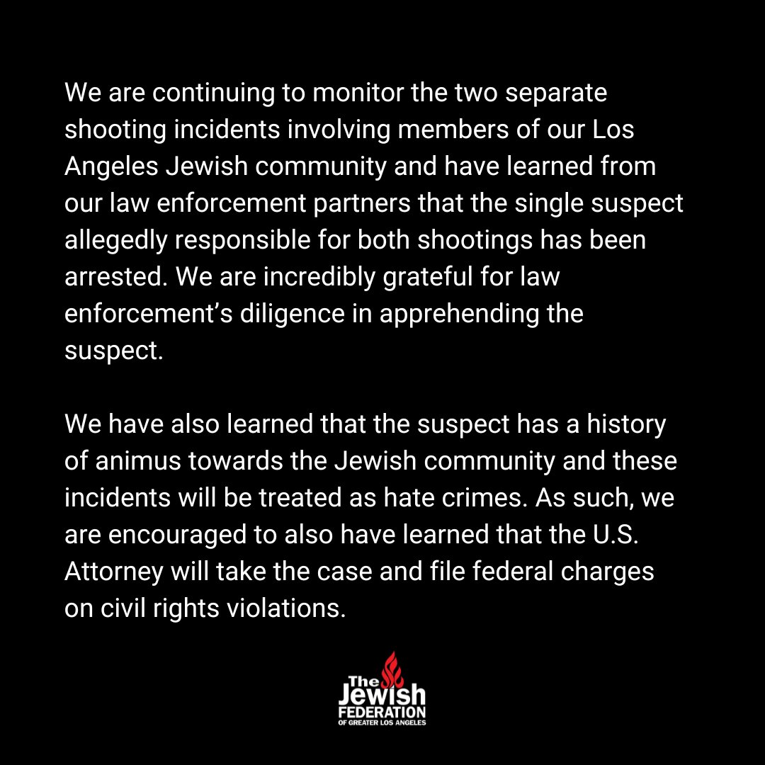 We are horrified by the apparent antisemitic shootings in Los Angeles, but grateful that law enforcement has apprehended the suspect. Moments like these remind us why it's so important for every community to have a Community Security Initiative like @JFedLA. #LiveSecure https://t.co/lraYpDkGLe