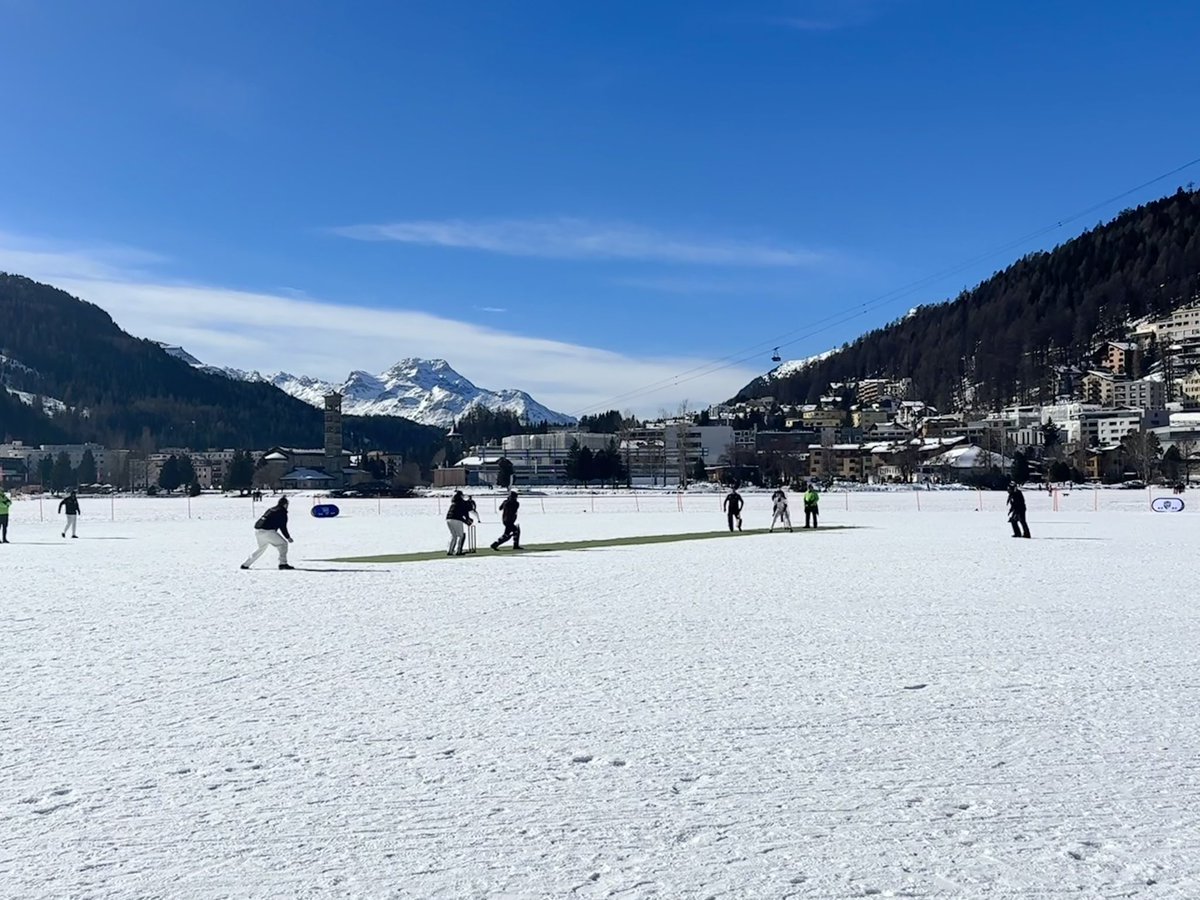 SouthwellChris's tweet photo. #bbccricket have my 2 boys Harry and Moose coming to watch me play for Roggenhorn CC in there 1st ever match. We are playing in St Moritz at Cricket on Ice. We are only a small club formed in my garden during lockdown in Switzerland. This is our 3rd ever game. https://t.co/ogq4jLJbPd