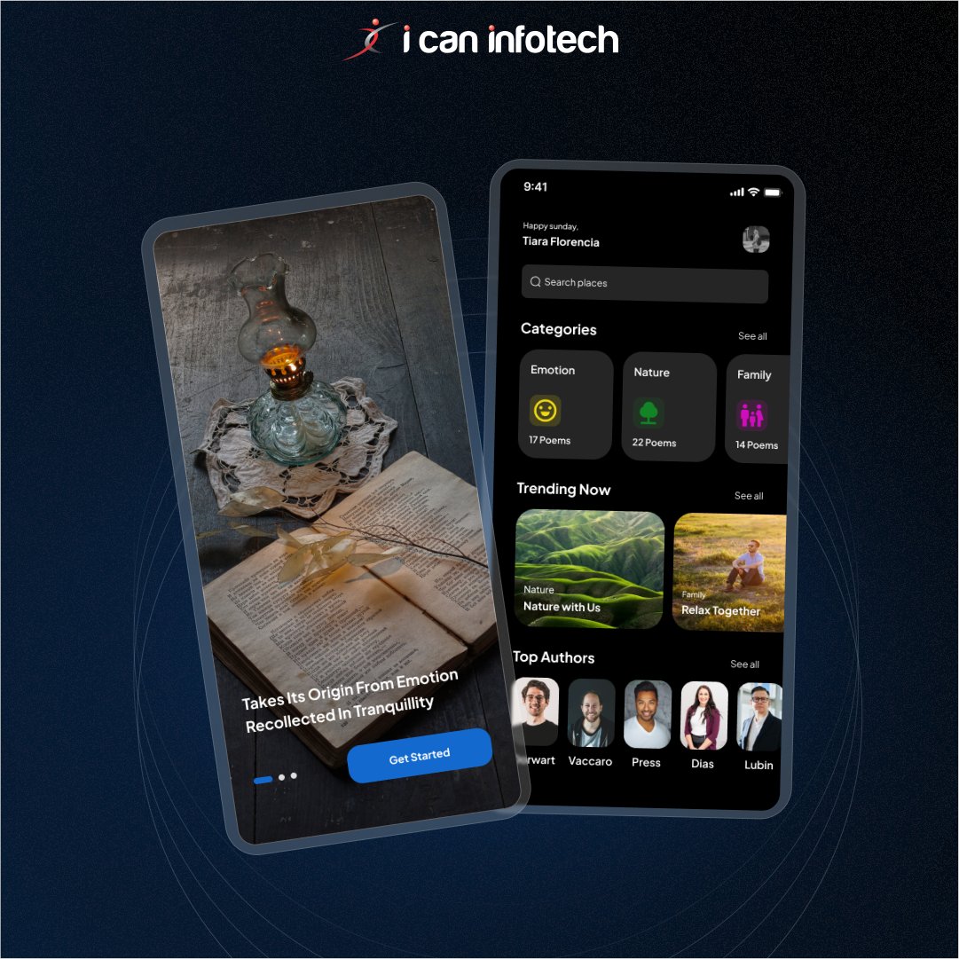 icaninfotech's tweet image. Poetry App UI Design📜🖋
Some of app features might include:
User Profiles
Poetry Sharing
Private Messaging
Group Discussions
Search and Discovery
Notifications
Gamification

Read more: bit.ly/3lDV7QS

#poetryapp #communityapp #UIInspiration #appui #appdesign #ui
