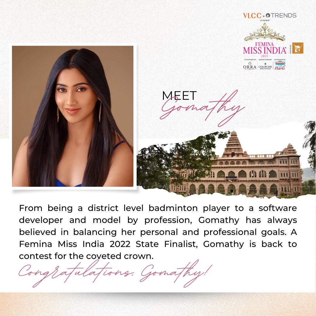 feminamissindia's tweet photo. We begin with... Andhra Pradesh!

Meet the new Femina Miss India Andhra Pradesh 2023, Gomathy Reddy! ✨

Swipe left to know a little more about her. Congratulations, Gomathy Reddy! 

#GomathyReddy #Top30 #StateWinners #FeminaMissIndia2023 https://t.co/frztVDy2O4