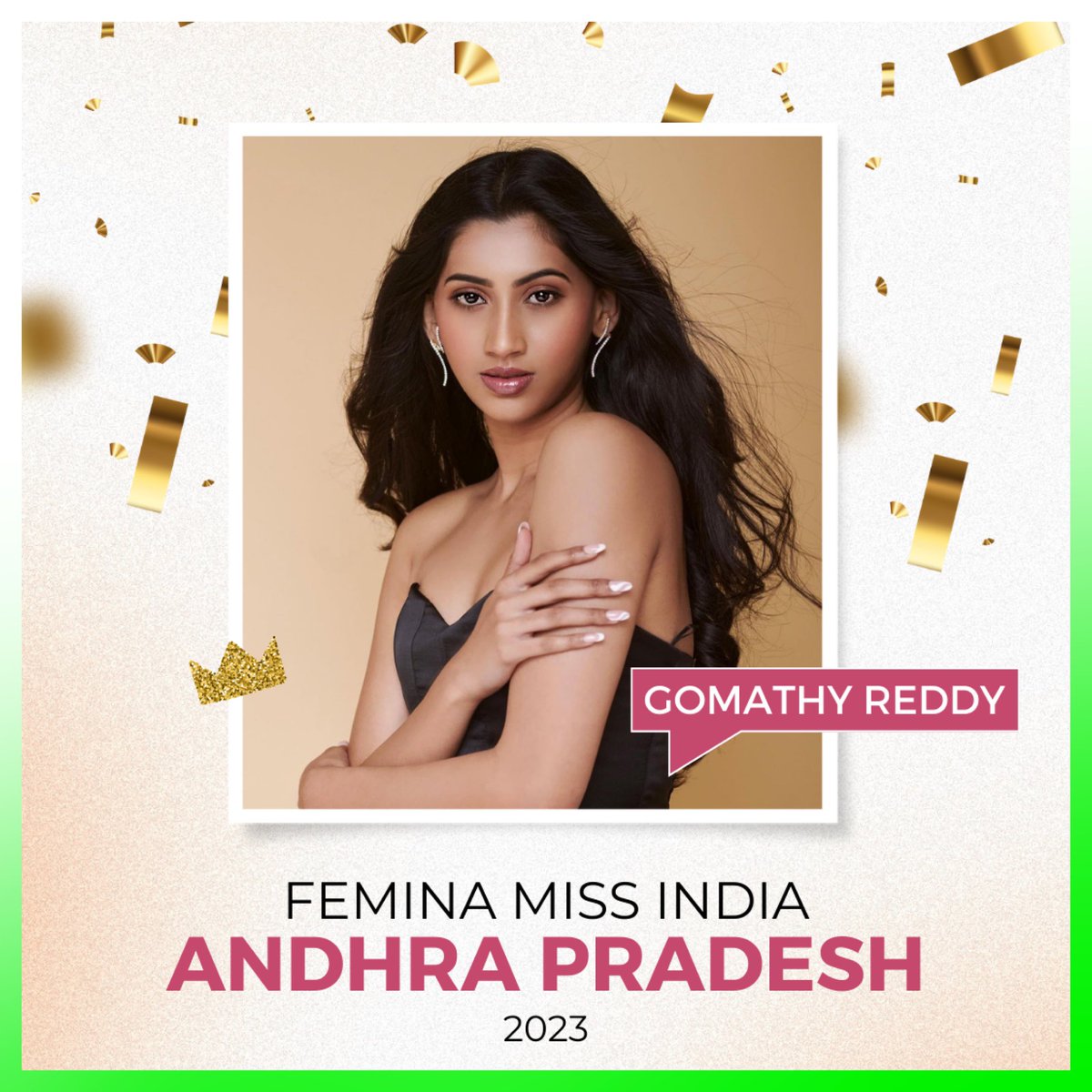 feminamissindia's tweet photo. We begin with... Andhra Pradesh!

Meet the new Femina Miss India Andhra Pradesh 2023, Gomathy Reddy! ✨

Swipe left to know a little more about her. Congratulations, Gomathy Reddy! 

#GomathyReddy #Top30 #StateWinners #FeminaMissIndia2023 https://t.co/frztVDy2O4