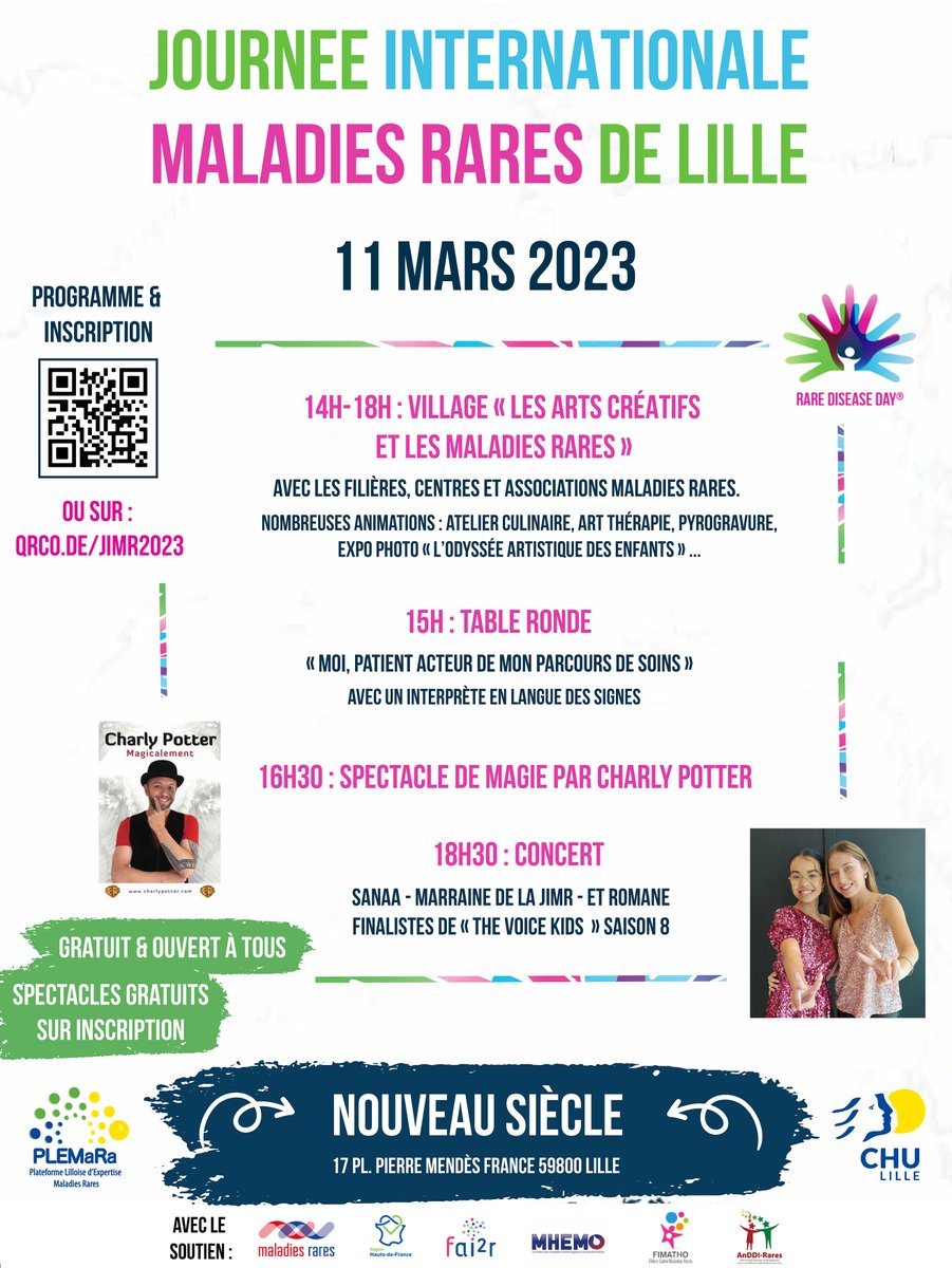 CHU_Lille's tweet photo. 🗓 La Plateforme Lilloise d'Expertise Maladies Rares #PLEMaRa vous donne rendez-vous le 11 mars, au Nouveau-Siècle, à #Lille pour la Journée Internationale #MaladiesRares.
Animations, table ronde, spectacle et concert sont au programme de cette journée.
👉 https://t.co/EW0pPWWqy9 https://t.co/X2hjsbVnsO