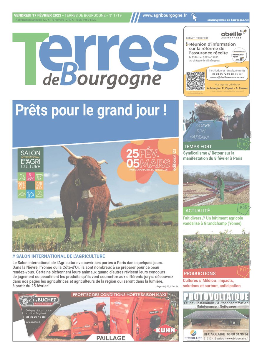 Le numéro 1719 de Terres de Bourgogne est disponible dès aujourd'hui dans vos boîtes aux lettres. Toute l'actualité agricole de vos départements est aussi à retrouver sur le site agribourgogne.fr.