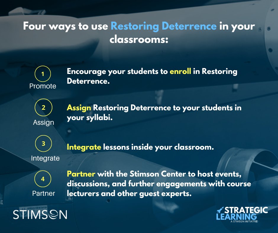 stratlearning's tweet photo. #TwitterProfessors

Restoring Deterrence is a FREE online tool that can help supplement your teaching this semester.

Here are four ways that you can incorporate the course into your syllabi 🔽 https://t.co/DIhicOrckE