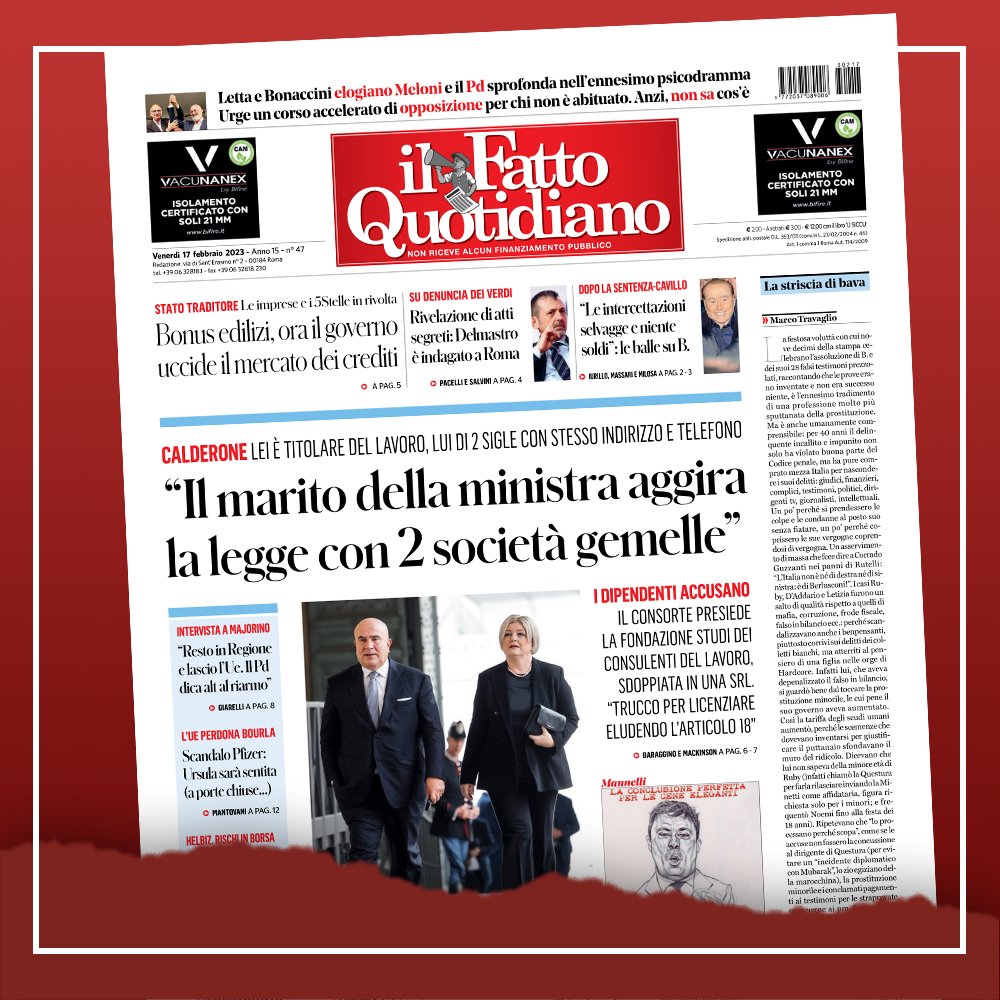 "Il marito della ministra aggira la legge con 2 società gemelle"
Leggi Il Fatto Quotidiano 👉 ilfat.to/primapagina
