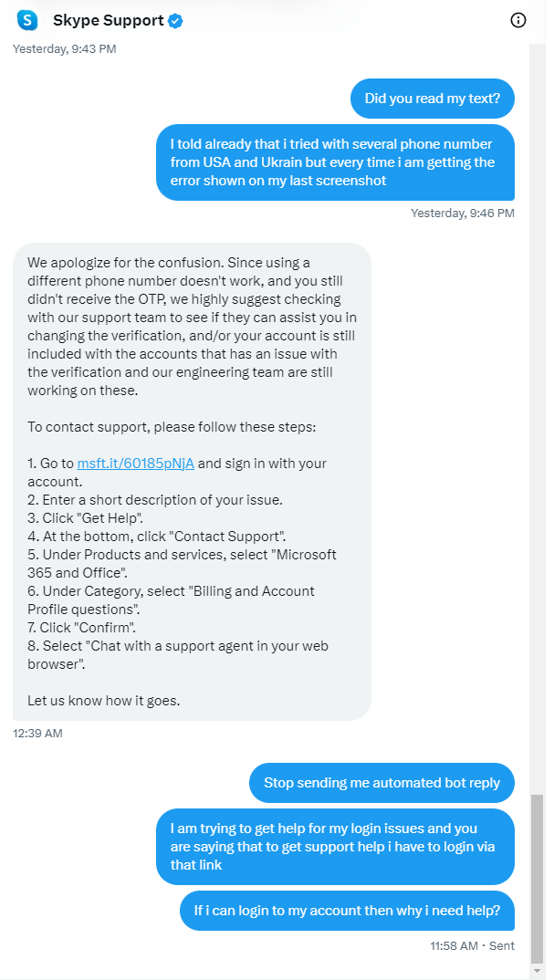 aual0011's tweet photo. Disappointed with the support from @SkypeSupport @Skype @Microsoft My account got locked & when I reached out on Twitter, I only received bot responses that didn't address my concerns. #BadCustomerService #NeedHumanSupport https://t.co/R1rKdEcUmY