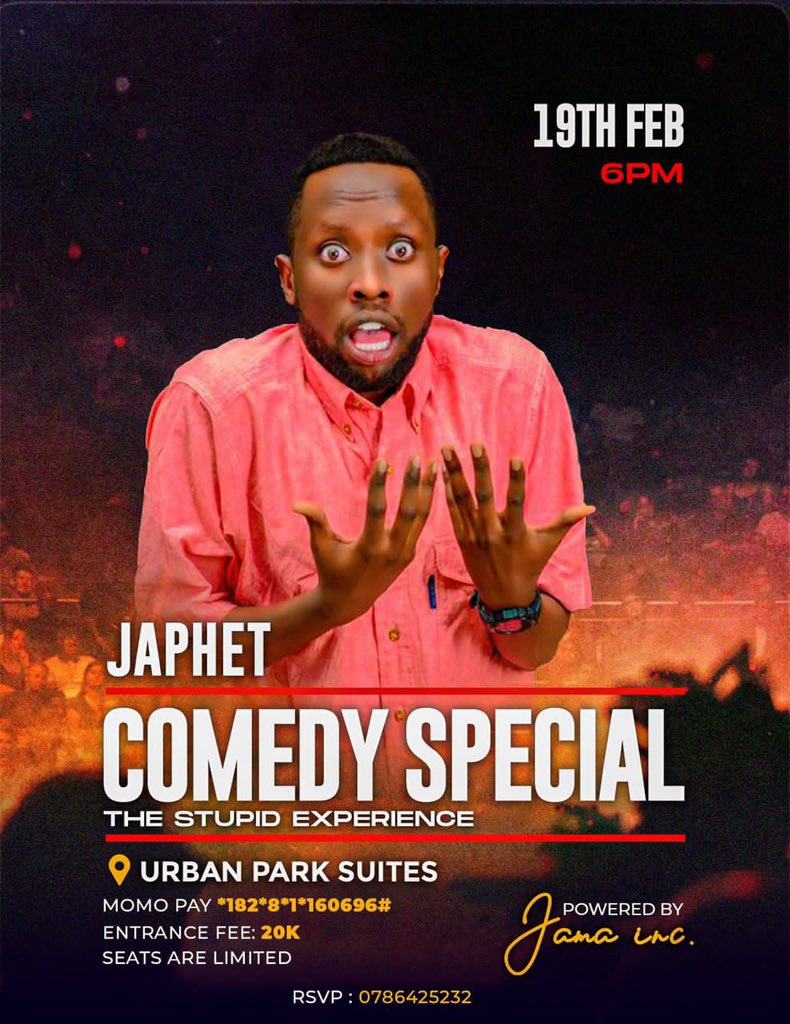 My brother @japhetization is doing his first #comedyspecial he entitled #TheStupidExperience 
It will be this coming #sunday 19th Feb at @parkinnkigali from 6pm.

Use MOMO PAY to get your 20k ticket *182*8*1*160696#

NB: seats are limited