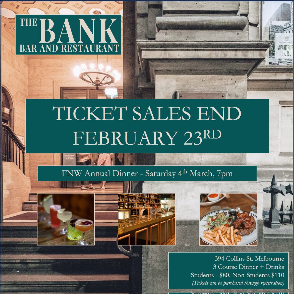 Hurry! This is your last chance to grab a ticket for the annual FNW dinner. 

Hosted within the historic walls of one of Melbourne's oldest banks, this night is definitely one you'll want to save for your memory bank!