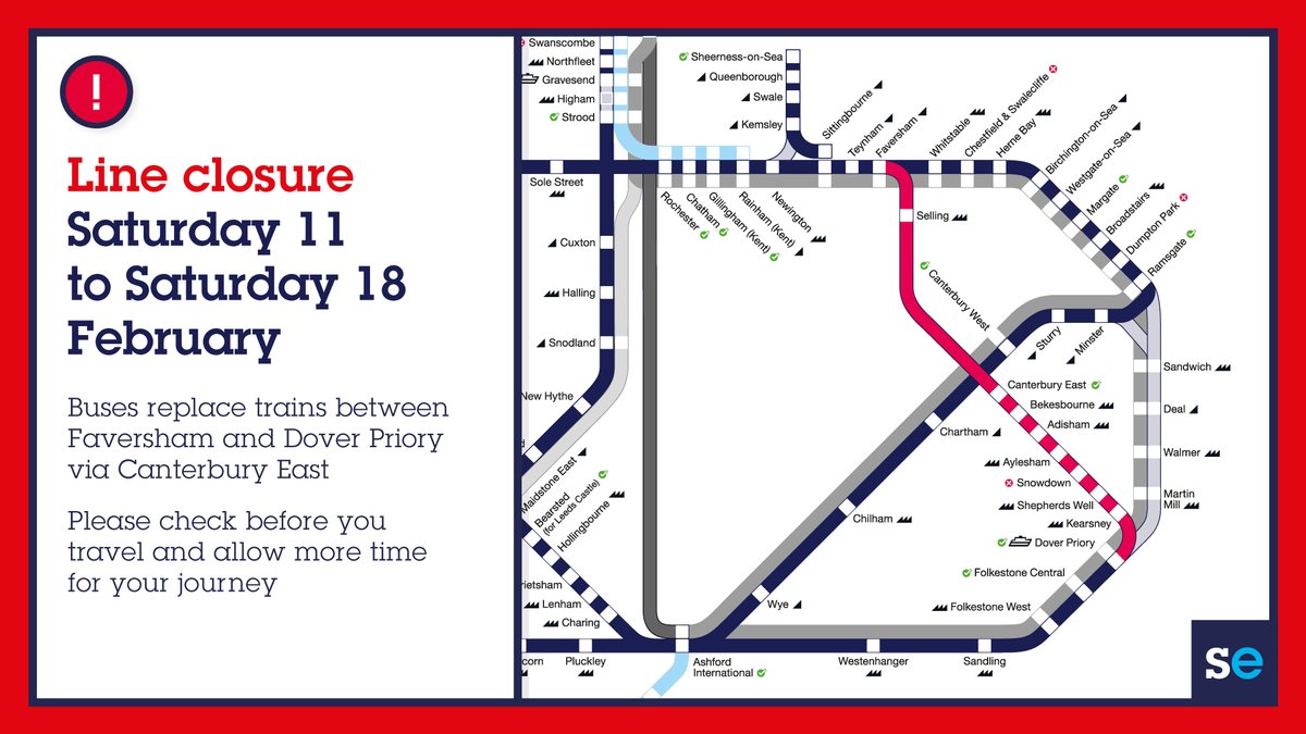 Until Saturday 18 February, <a href="/NetworkRailSE/">Network Rail Kent & Sussex</a> will be stabilising cuttings and embankments between #Faversham and #DoverPriory to help prevent landslips.

Buses replace trains via #CanterburyEast

Thanks for bearing with us while this work is taking place.

bit.ly/3QRXP0o