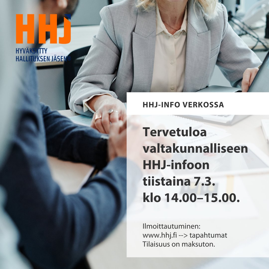 Kerro kaverille tai tule kuulolle maksuttomaan &amp; valtakunnalliseen verkkotilaisuuteen ti 7.3. klo 14–15. Kiinnostaako hallitustyö? Miten käytännön hallitustyötä kehitetään? #hhj #hallitustyö #hhjkurssi #johtaminen #strategia #hallitustyöskentely #hallituspartnerit #kauppakamarit