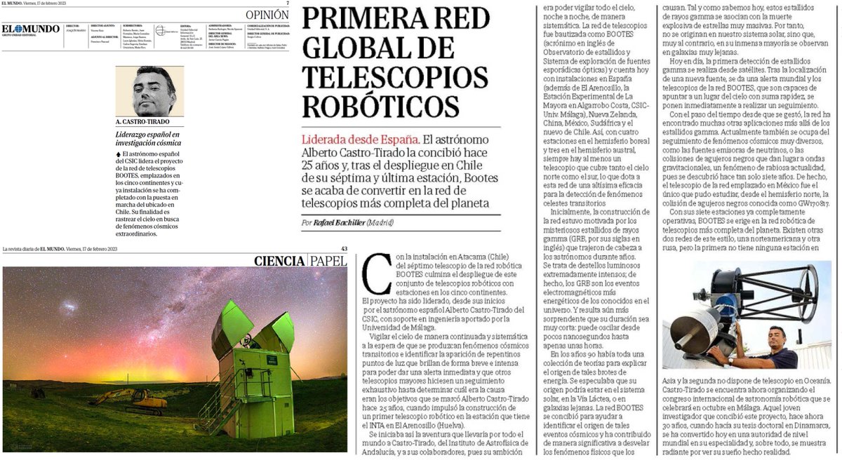 Gracias a @RafaelBachiller por la estupenda reseña de hoy en la edición en papel de @elmundoes en relación a la completitud de la Red BOOTES. 
Y además ¡una de las 2 únicas menciones positivas del día en la sección Vox Populi! 
Esta mañana estoy en @ForoTransfiere #Transfiere2023