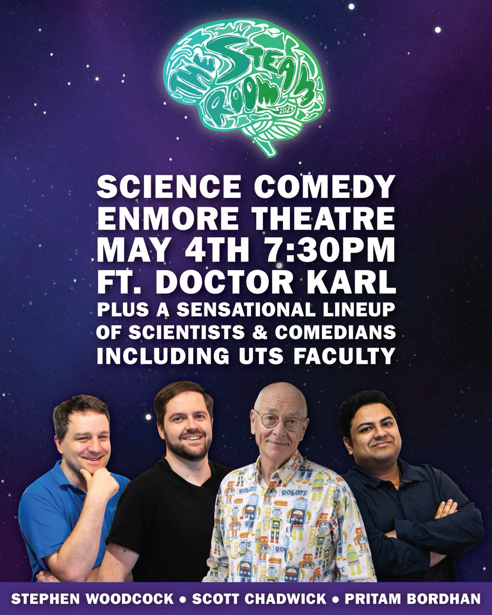 UTS_Science's tweet image. Following the sold-out show at last year&apos;s Sydney Comedy Festival, the STEAM Room with a lineup that includes none other than UTS Science&apos;s Scott Chadwick, Pritam Bordhan, and Stephen Woodcock! Get your tickets: bit.ly/3Kn2FBw @scarystrangersx @PraxicalProject