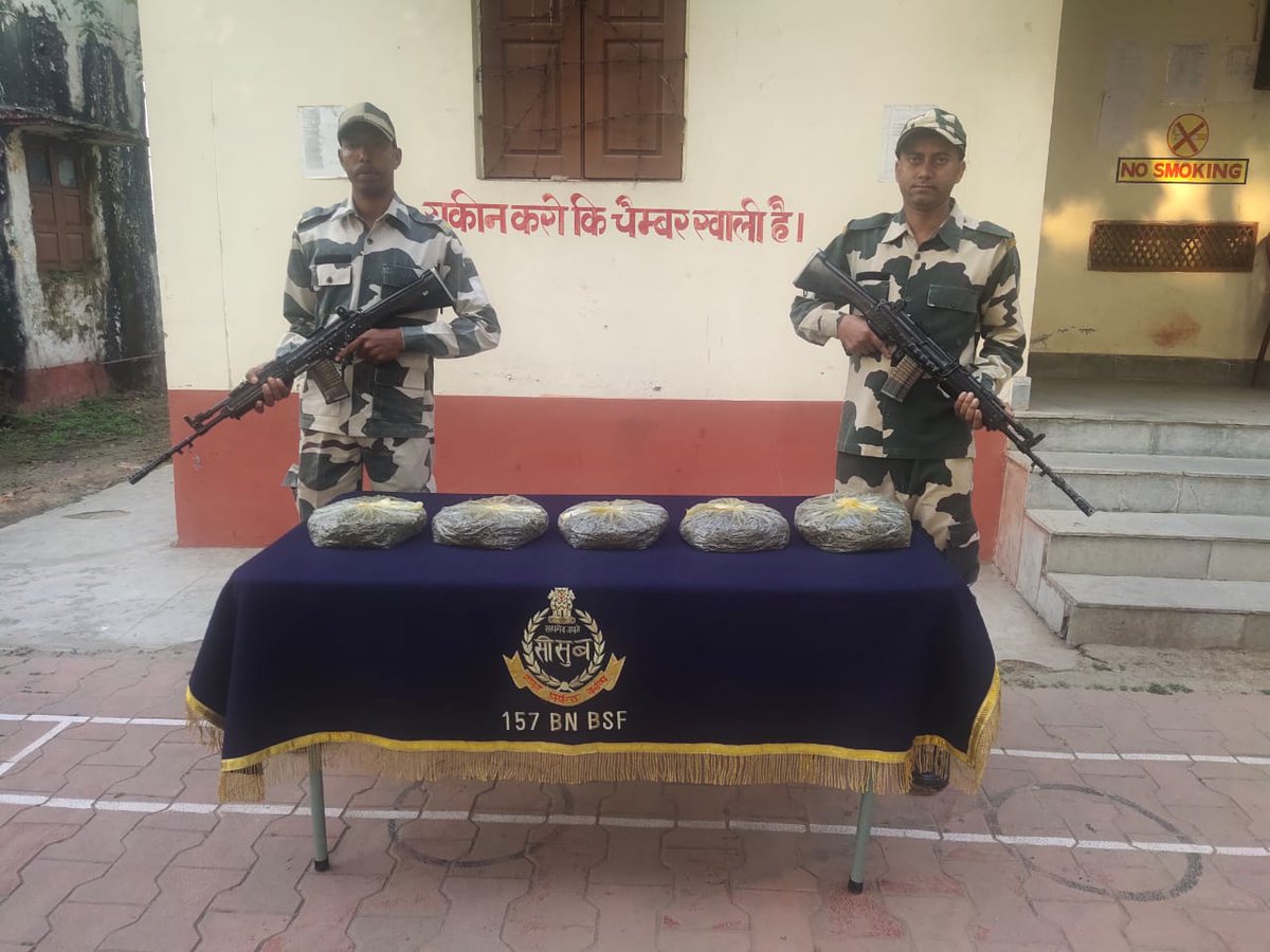 BSF_Guwahati's tweet photo. In drive against narcotics smuggling, vigilant #Bordermen of 75 & 157 Bn #BSF under @BSF_Guwahati FTR seized 235 Btls prohibited cough syrup & 05 Kgs Ganja on Indo-BD international border.
#DriveAgainstNarcotics
#FirstLineOfDefence https://t.co/Om4hIESblo