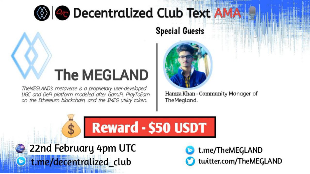 dens_club's tweet photo. DC will host AMA with @TheMEGLAND on February 22 (2023) at 4PM UTC|11AM EST|9.30PM IST

10 questions from Twitter(5) &amp; Telegram(5) will share $50 USDT

1⃣Like,Retweet
2⃣tag 2 friends
3⃣Post Question https://t.co/mwlNHXeH45