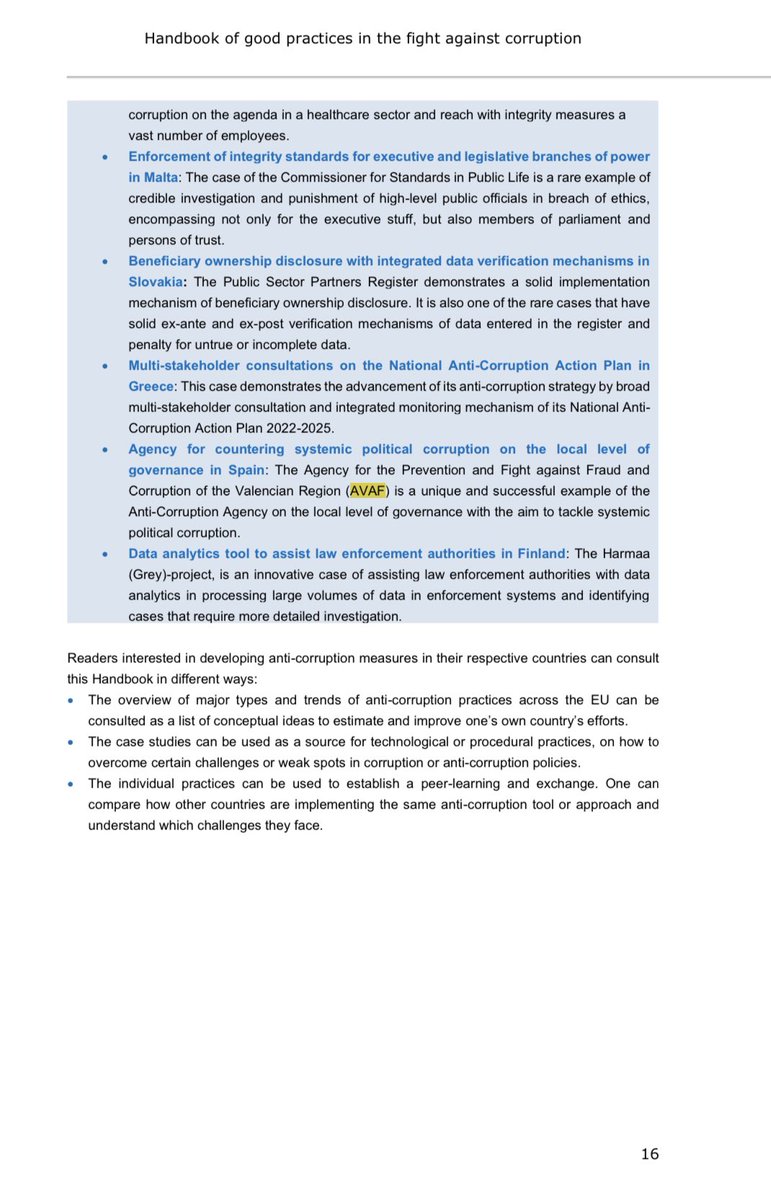 "<a href="/AntifrauCV/">Agencia Valenciana Antifraude</a> is a unique and successful example of the Anti-Corruption Agency on the local level of governance with the aim to tackle systemic political corruption”

📃Manual de buenas prácticas en la lucha contra la corrupción de la Comisión Europea🇪🇺…🧶
op.europa.eu/o/opportal-ser…