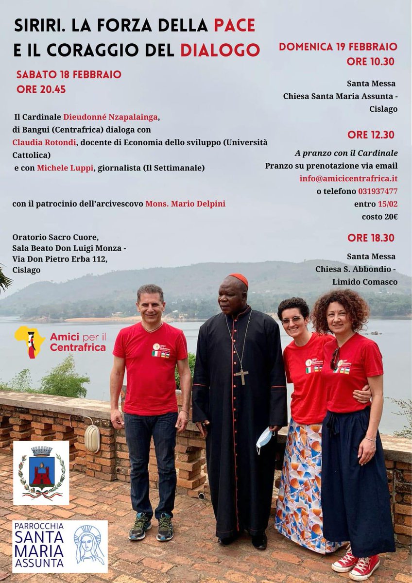 LVaticana's tweet photo. #18febbraio Nell'ambito della presentazione del #libro "La mia lotta per la pace" il cardinale @DNzapalainga sarà questa sera #Cislago con Claudia Rotondi (@Unicatt) e @micheleluppi (@africaeuropa). Domani #19febbraio sarà invece a #LimidoComasco.
@FazziniLorenzo @vaticannews_it https://t.co/8CXGmGoDNp