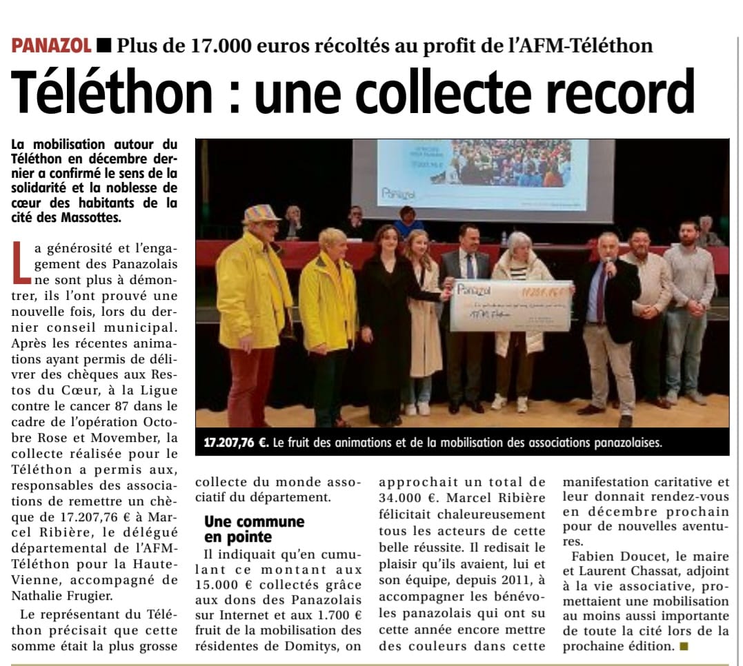 FORMIDABLE  collecte à PANAZOL où un investissement fort des élus et des associations a permis d'atteindre des sommets. Panazol reste une ville phare de notre département et donne des couleurs d'espoir à la recherche.  Merci à tous.