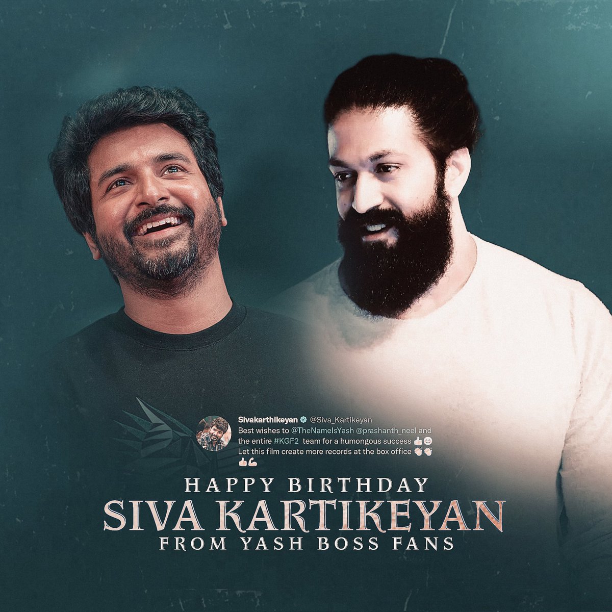 Wishing the Prince 🤴🏻 @Siva_Kartikeyan a Happy Birthday on behalf of @TheNameIsYash
Cults ♥️
#HBDSivakarthikeyan #HBDPrinceSK 
#YashBOSS #Yash19 @TheNameIsYash