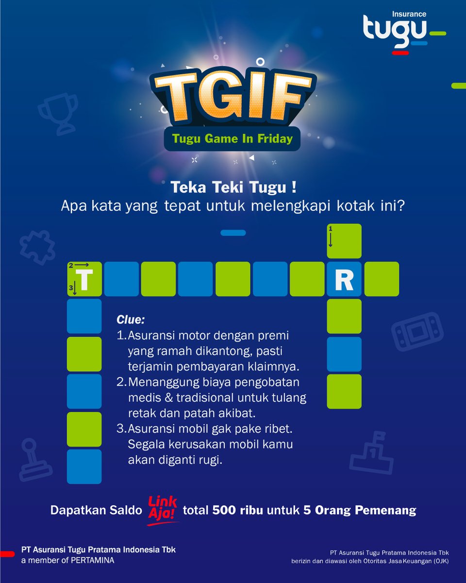 tuguinsurance's tweet image. Yuk tebak kata apa yang tepat untuk mengisi kotak menjadi kalimat utuh! Jawab di kolom komentar &amp;amp; menangkan hadiahnya! Pemenang yang beruntung akan mendapatkan saldo LinkAja senilai Rp 100.000 untuk 3 orang pemenang di Instagram, 1 pemenang di facebook, dan 1 pemenang di Twitter!