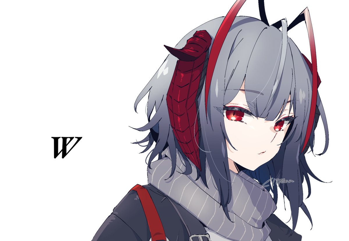 w (arknights) 1girl solo horns red eyes scarf white background simple background  illustration images