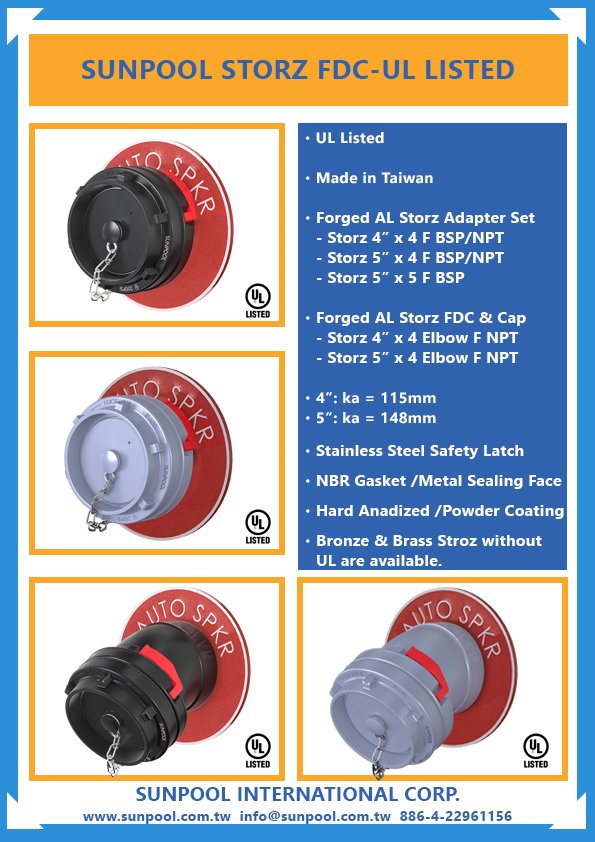 sunpool_int's tweet photo. Exciting news! Our Storz Fire Department Connections are now UL listed,with working pressure 250PSI. Forged 6061 with T6 heat treatment storz heads provide max strength. Our SS Storz lock ensures durability and smooth function when connecting large bore hoses. #Sunpool #Storz #UL https://t.co/ijAGnvd1Et