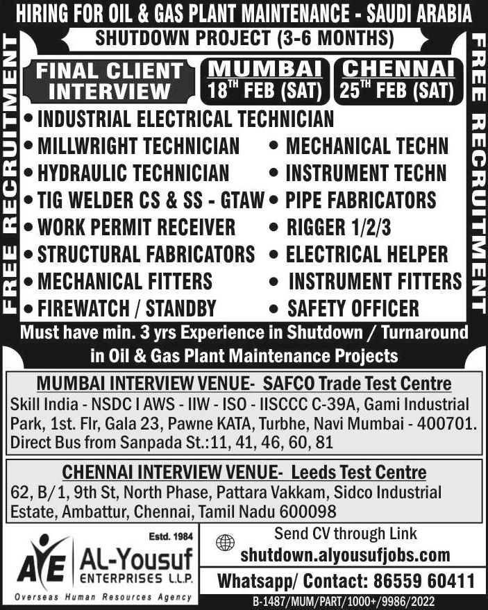 alyousufjobs's tweet photo. #jobsinsaudiarabia #Hiring for #Oilandgas #Shutdown Project.
#CLIENT_INTERVIEW IN #MUMBAI & #CHENNAI Feb_2023
#Apply Now - https://t.co/gslFi3aysd
#AlYousufJobs recruiting since 1984, registered under the following Ministry /Department
@MEAIndia @NCSIndia @NSDCINDIA https://t.co/hdUTdq2RDE