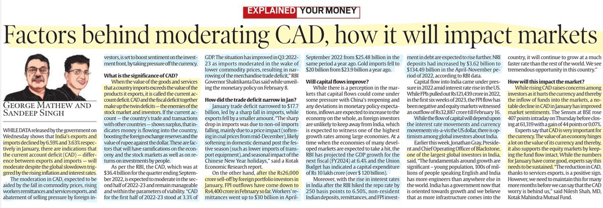 imRavikantYadav's tweet photo. 'Factors behind moderating CAD,how will it impact the markets?'
-Well explained By Mr George Mathew & Mr Sandeep Singh
@GeorgeMathew500 @Tweetsandeep
#CAD #FiscalDeficit #TwinDeficit
#FPI
#exports #Imports 📉
#markets #RBI #economy
#UPSC #UPSC2023 #upscprelims
Source: IE https://t.co/amn7HC56v6