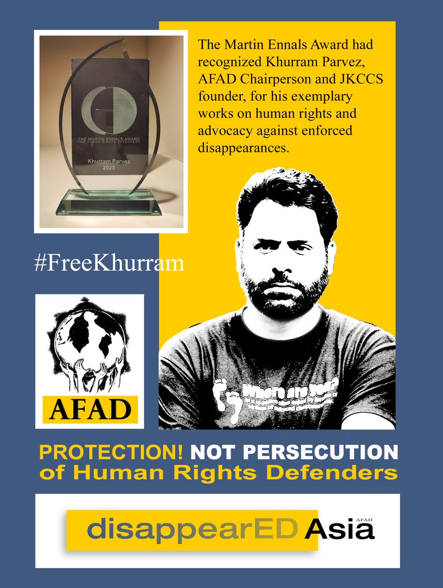 The @martinennals  had recognized Khurram Parvez, AFAD Chairperson and @apdp_jkccs  founder, for his exemplary works on human rights and advocacy against enforced disappearances.  #FreeKhurramParvez