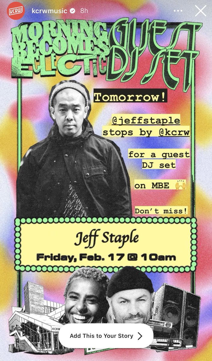 jeffstaple's tweet photo. REALLY BIG DAY FOR ME TOMORROW!!! 📡📡📡
I will be the guest DJ on my
FAVORITE radio station in the whole entire world @kcrw - alongside my two favorite DIs @anthonyvaladez &amp; @NovenaCarmel on @mbeKCRW 
Tune in! Fri 17th 10am PST worldwide on the KCRW app! https://t.co/coJ4IurozG