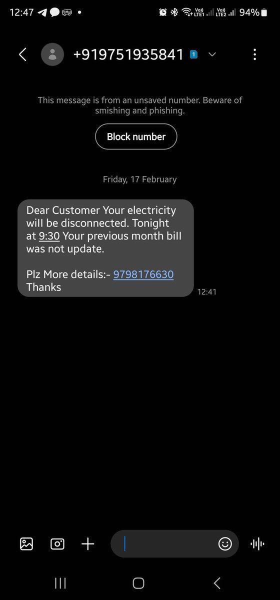 skshirguppi's tweet photo. @Adani_Elec_Mum @DoT_India @CybercrimeCID I am receiving such messages on disconnection of electricity which are fake messages &amp; a big scam. Similar messages have come to many neighbours. How can we stop such scamsters who are duping innocent citizens. Pl check the attached Pic. https://t.co/bDOAeQ0uZu