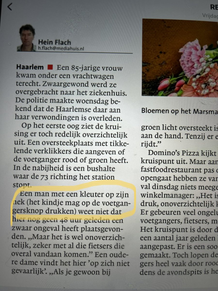 HeidiBorgart's tweet photo. Dit is tegenwoordig @hdhaarlem. Artikel over vrouw overleden bij aanrijding. Belangrijk om te vermelden dat kindje op de voetgangersknop mag drukken. #ikzegop #kinderachtige #kutkrant @heinflach_HD https://t.co/174iOS3gAM