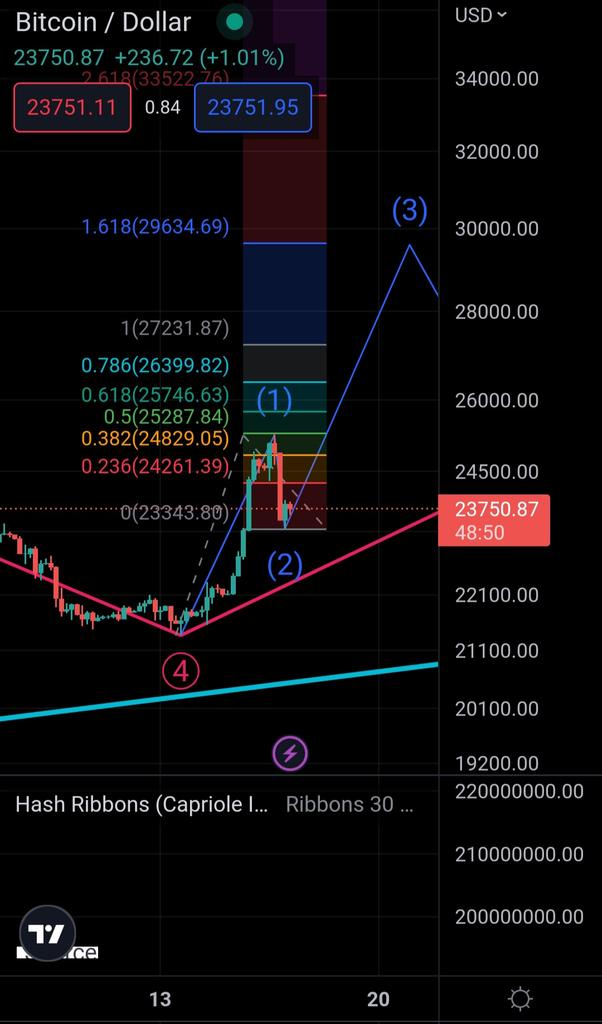 babablackswan's tweet photo. GM !
Perso, on est toujours dans la grande v5 rose.
La v2 bleue a 70% de chance de retracer entre 50% et 70% de la 1. On a tout pile touché 50%...
Ma projection pour la v3 pour l'instant serait de viser 1.618 de la v1 ($29.600). A suivre selon vague 2...
#BTC #TradingView https://t.co/ZRsxhLUJ5V