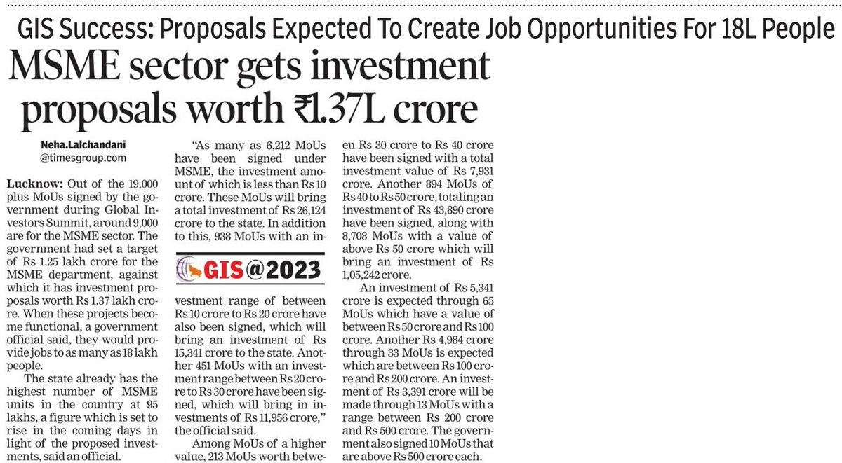MSME sector gets investment proposals worth ₹1.37L crore GIS Success: Proposals Expected To Create Job Opportunities For 18L People #UPGIS23 #MissionRojgarUP