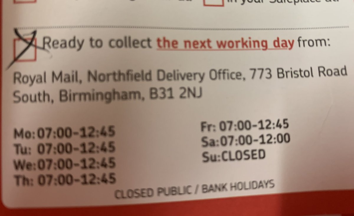 sjkgreene's tweet photo. @RoyalMail can you please explain to me why at your Northfield sorting office on the card delivered by yourselves states opening at 7. When I arrived there at 7am the notice on the door states it actually it isn’t open till 8am? Feel a little annoyed as it is a waste of time! https://t.co/Q4QhFm5bml