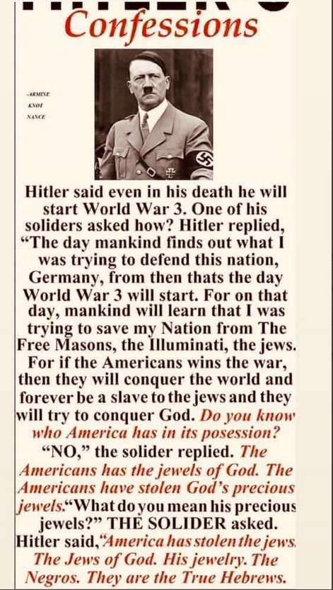 AnnePrep4's tweet photo. Hitler ain't NVA lied. Th devil es attempting to conquer G-d... https://t.co/FY3wpjIsVo