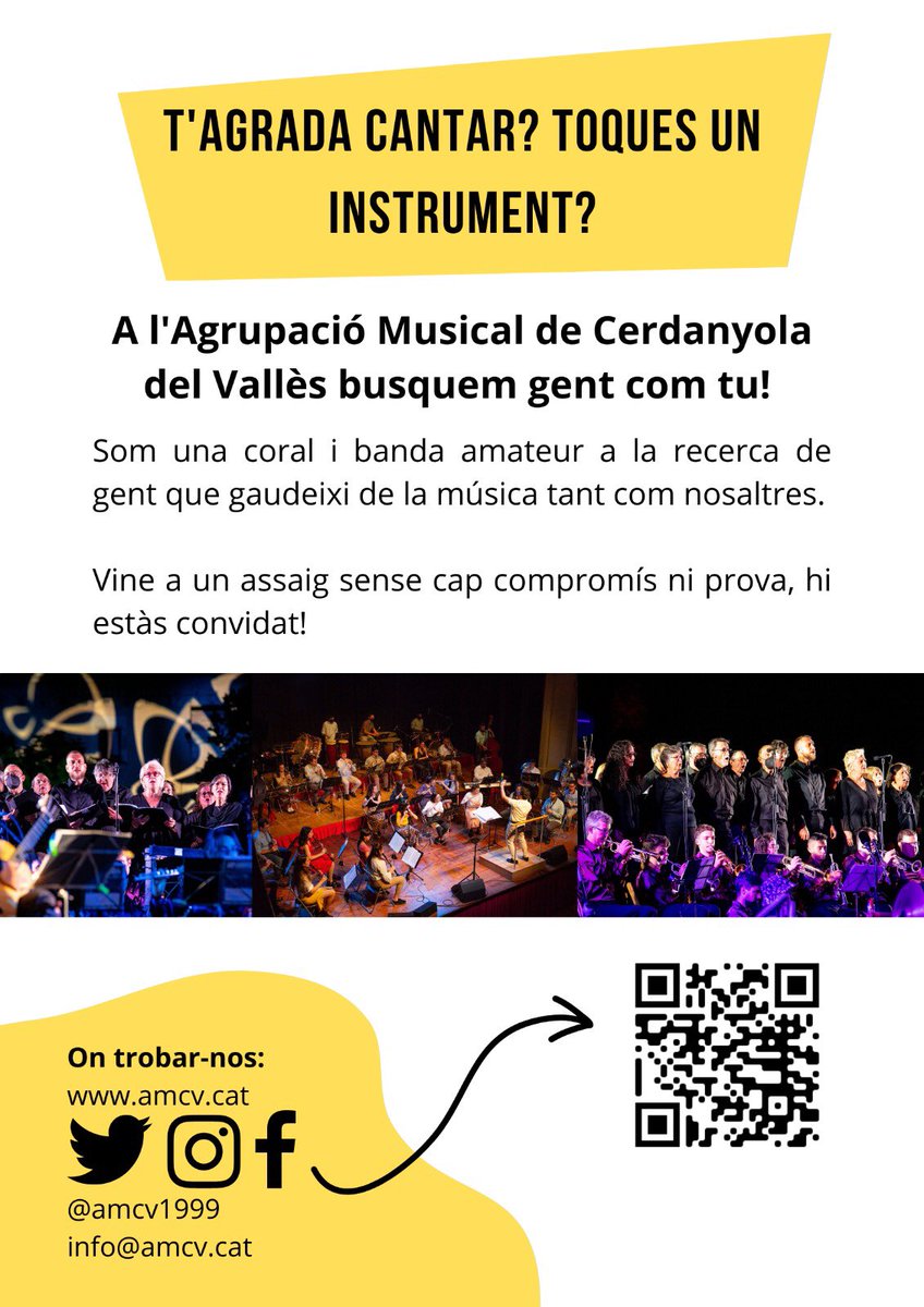 🎤T’agrada cantar? Toques algun instrument? 🎤 Anima’t a venir a conèixer l’Agrupació Musical de Cerdanyola del Vallès!!! 🎷🎺🥁
Contacta’ns a les nostres xarxes socials (Instagram, Facebook i Twitter: amcv1999) o per mail: agrupaciomusicalcerdanyola@gmail.com
T’hi esperem!!!🥳🥳