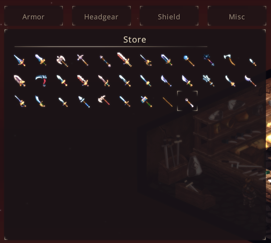 Simply adding more weapons to the game makes it feel so much more like 'real big game'. You can get them in the shop if you have enough gold.  
#rpg #srpg #pixelart #pixel #tactical #SwordFight #isometric #Videogame #pcgame #Steam