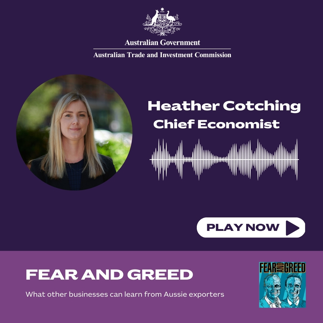 Austrade's tweet photo. Ever wondered what you can learn from other #AussieExporters? 🌏

Our Chief Economist Heather Cotching spoke to Sean Aylmer from @PodcastFear to deep dive into the Australian State of Exporter Report findings. 

Listen to the podcast now: https://t.co/eRwP12wue5 https://t.co/xfCqHr8CEG