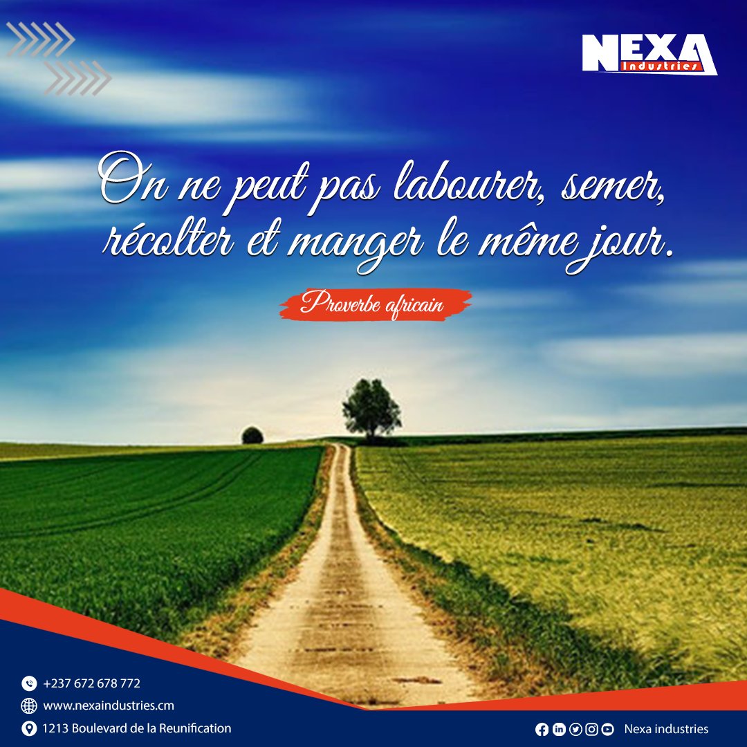 Nexa_Industries's tweet photo. Que pensez-vous de ce proverbe Africain ?
''On ne peut pas labourer, semer, récolter et manger le même jour. ''
#labourer #semer #manger #recolter #nexaindustries #Proverbes #africain #Cameroun https://t.co/tC3fzgUab3