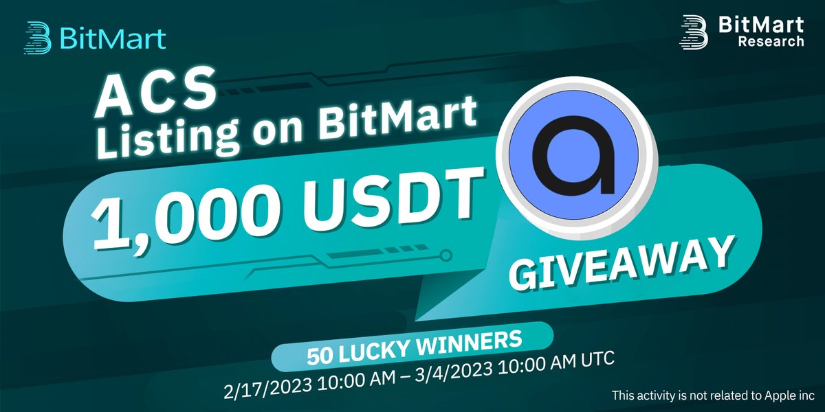 🌟ACS Listing on BitMart🌟

1⃣Follow @BitMartResearch & @BitMartExchange & @BitMart_zh 
2⃣Join t.me/BitMartExchang…
3⃣RT&Tag 3 friends
4⃣Fill out:forms.gle/MChi9NUDemXtyw…
🥳 1,000USDT / 50winners

🎁More Bonus
💥Deposit ACS to get 10/30 USDT each
💥Trade ACS to share 8,000 USDT