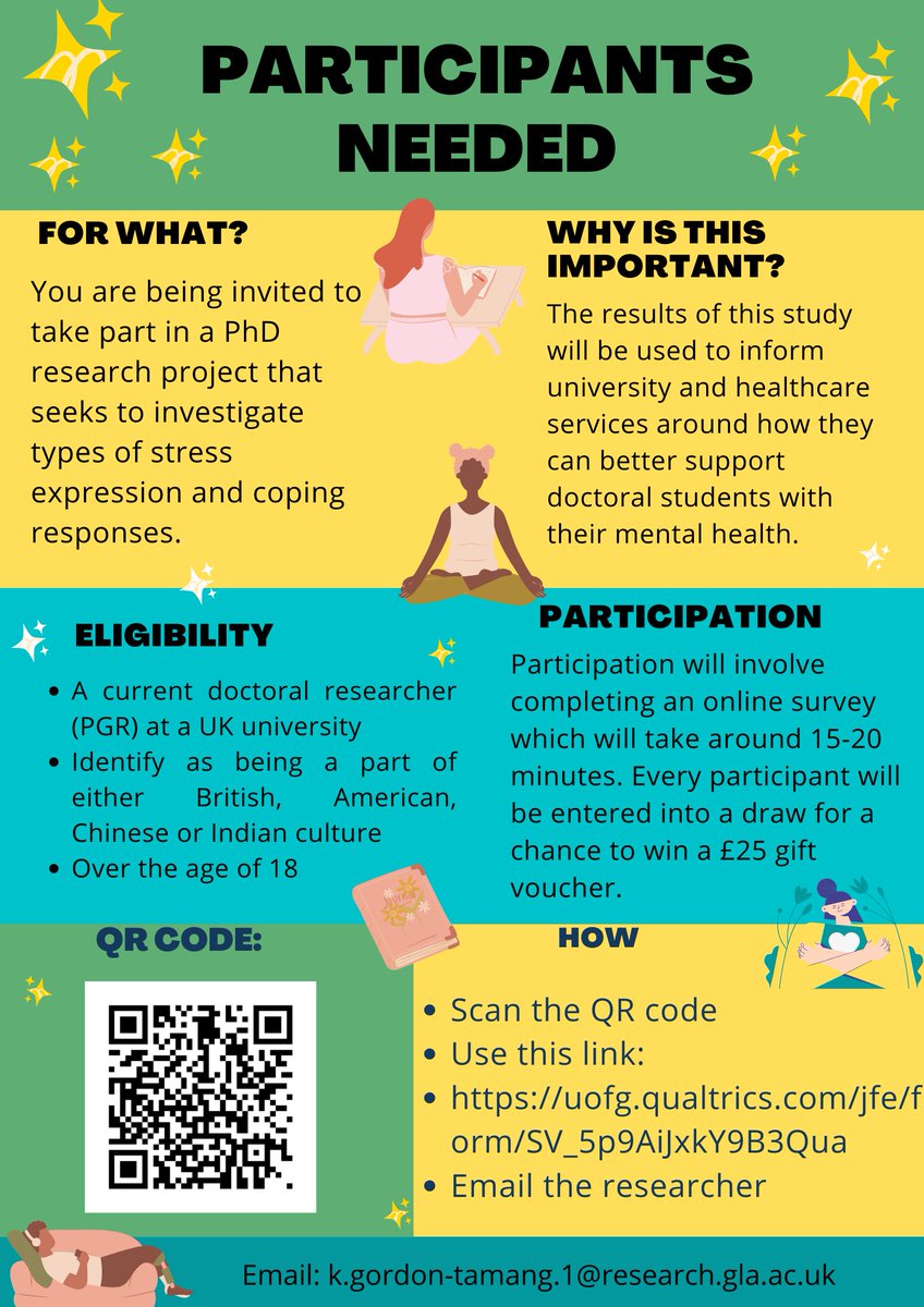 So excited to be launching my Quantitative project today! 
Looking into stress experiences of doctoral researchers and what coping mechanisms people utilise. It will take only 20 mins and aims to support PGR mental health. Please consider taking part! 
<a href="/DelyLElliot/">Dely Lazarte Elliot 🌻</a> <a href="/MariaGardani/">Dr Maria Gardani 🧘‍♀️🇬🇷 🏴󠁧󠁢󠁳󠁣󠁴󠁿</a>